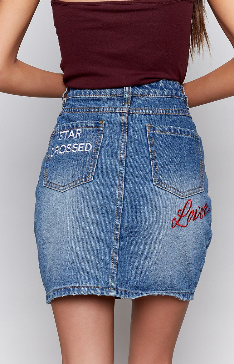MinkPink Star Crossed Denim Skirt Light Vintage Image