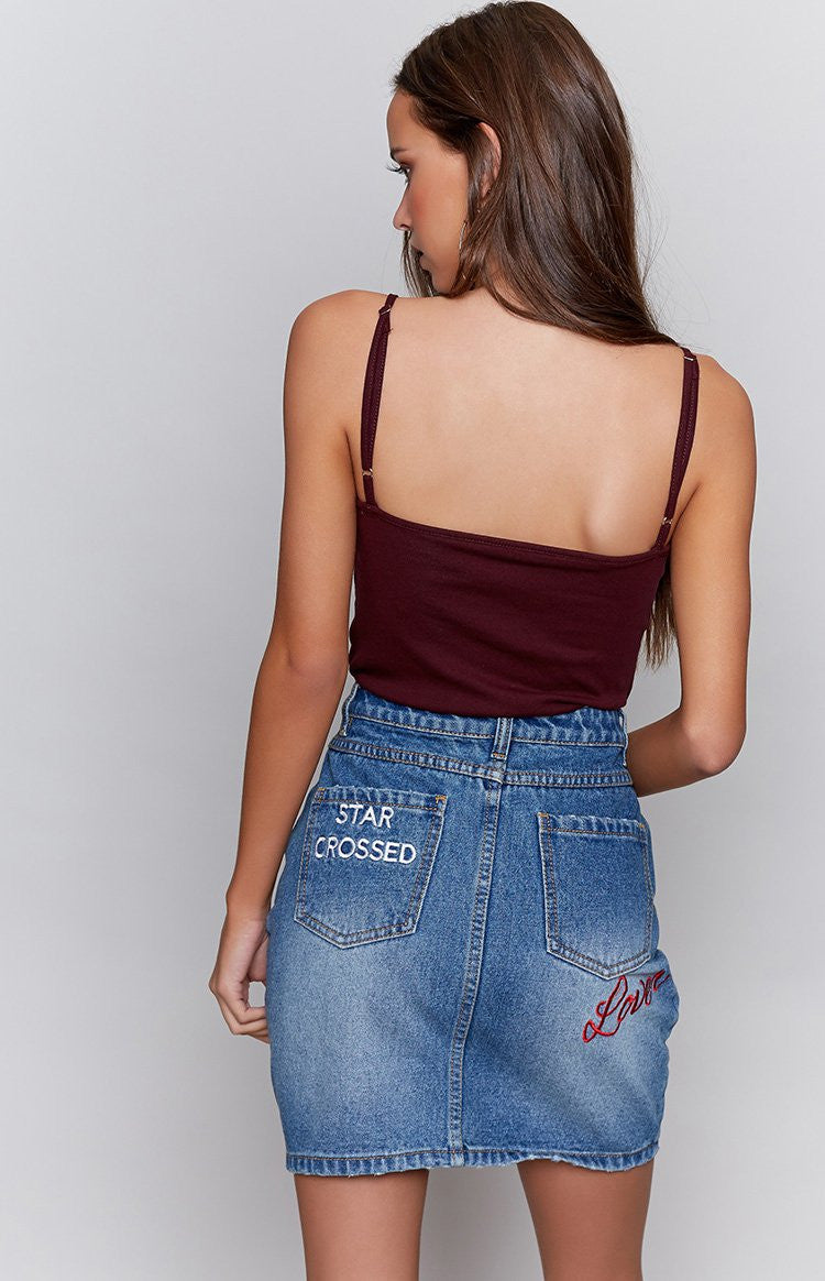 MinkPink Star Crossed Denim Skirt Light Vintage Image