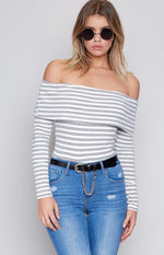 Divided Off Shoulder Top White Stripe Image