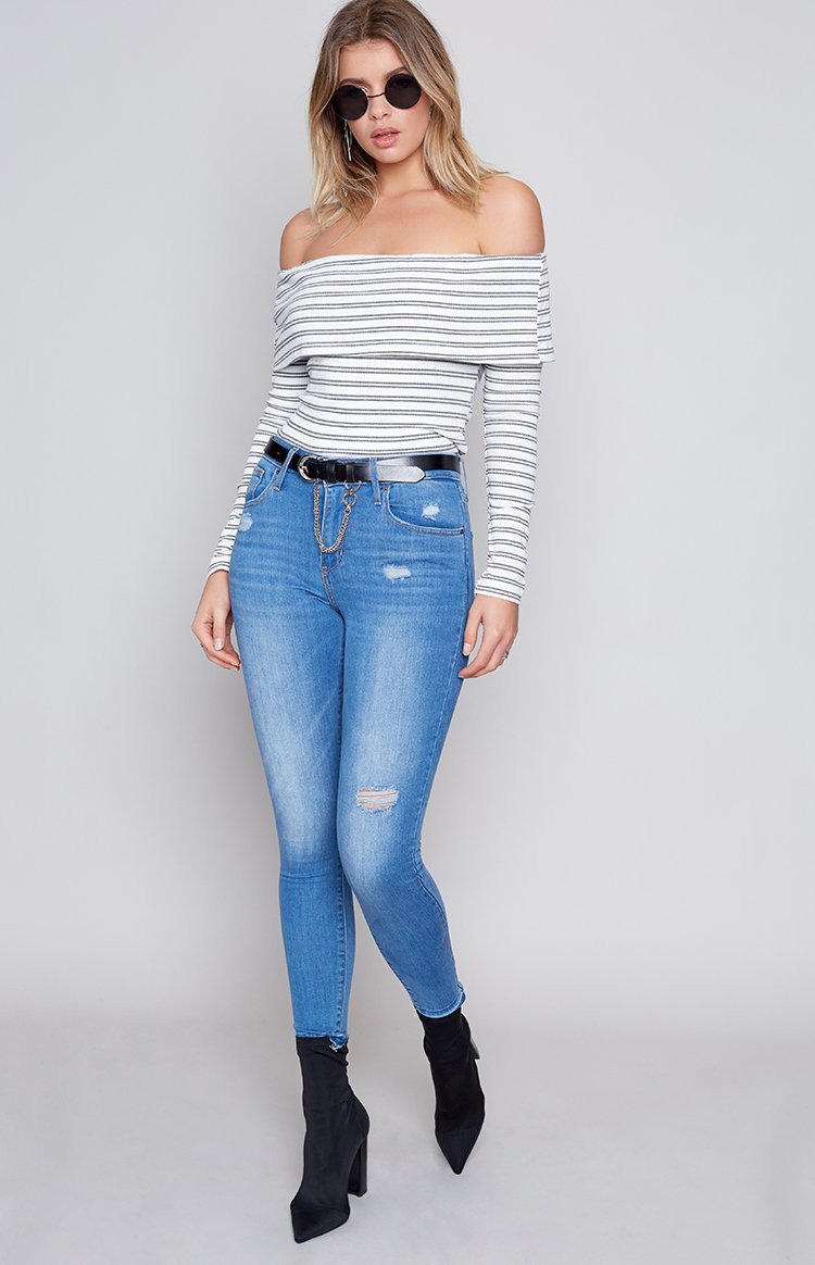 Divided Off Shoulder Top White Stripe Image
